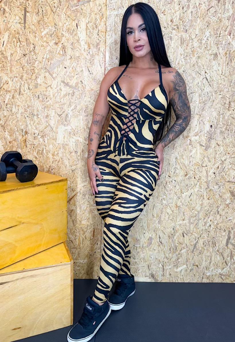 Be Fit Gold and Black Zebra Ribbed Scrunch Butt Jump Suit
