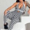 Be Fit Black & White Striped Halter Style Scrunch Butt Jump Suit