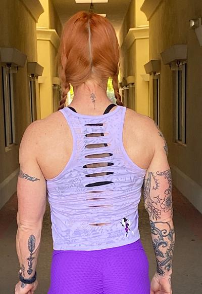 Be Fit Purple with Camo "BOSS BABE" Sliced Back Tank Top - Image 2
