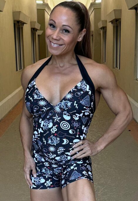 Be Fit Black with White Skulls Halter Style Scrunch Butt Romper