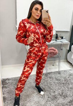 Be Fit Red Camo Hoodie Body Suit