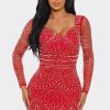Be Fit Red Long Sleeve Rhinestone Mini Dress