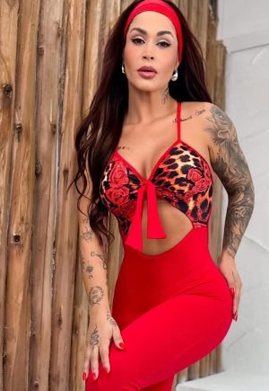 Be Fit Red with Leopard and Roses Scrunch Butt Jump Suit