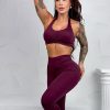 Be Fit Burgundy V-Back Scrunch Butt Leggings and Bra Top Set