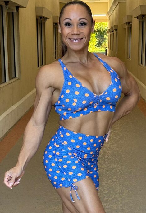 Be Fit Faux Denim with Gold Polka Dots High Waist Scrunch Butt Shorts and Bra Top Set - Image 3
