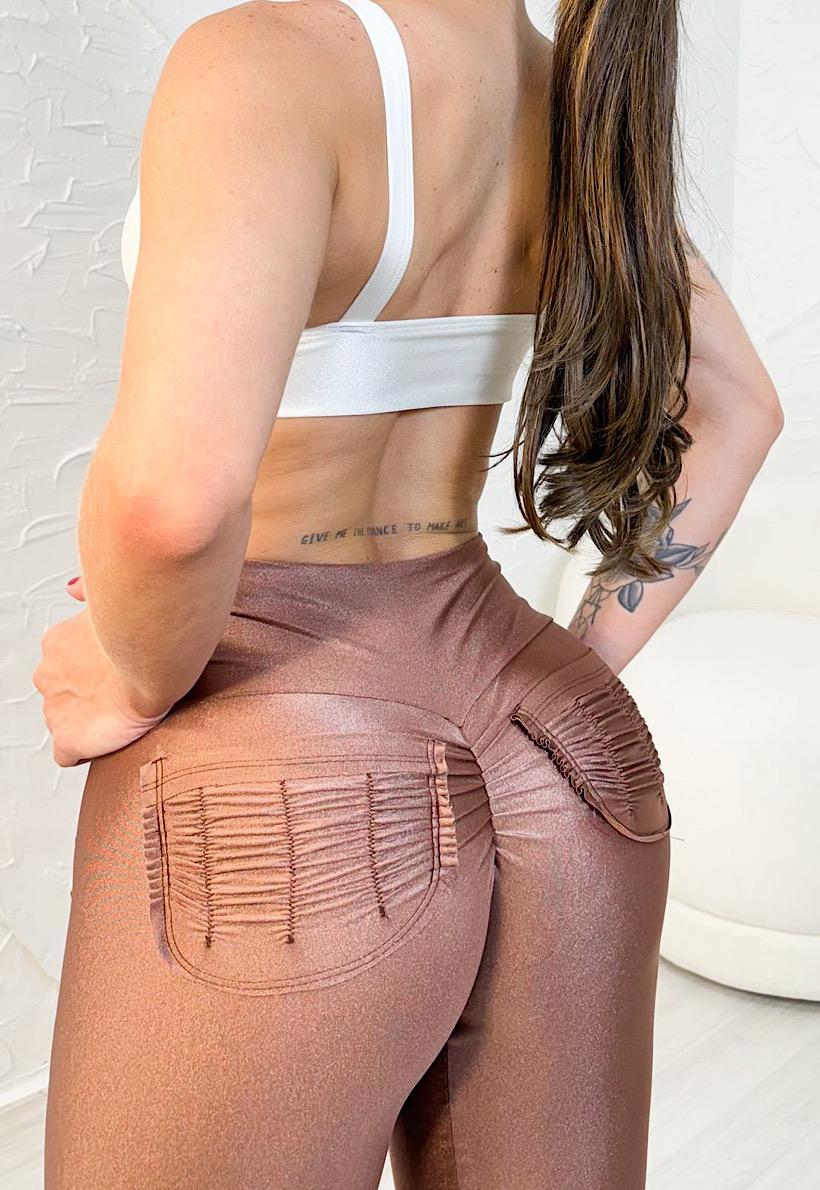 Be Fit Shiny Mocha Scrunch Butt Leggings and Off-White Bra Top Set - Image 2